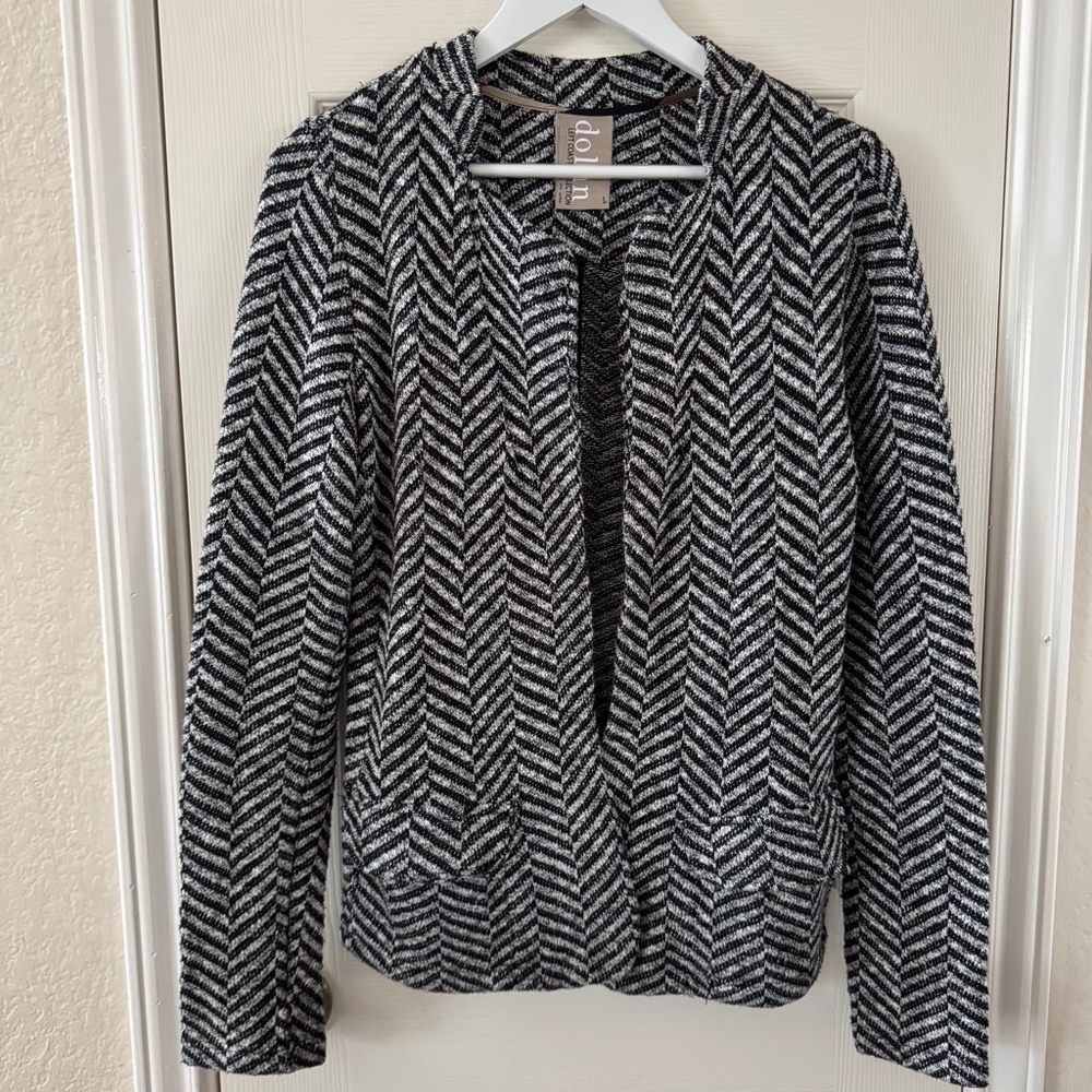 Dolan Anthropologie Black White Herringbone Open Front Jacket Blazer Size L